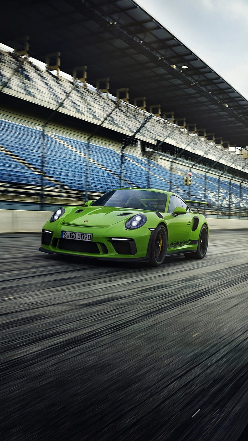 Porsche GT3rs, green, gt3, luxury, porsche, race, rs, supercar, track, vehicle, HD phone wallpaper