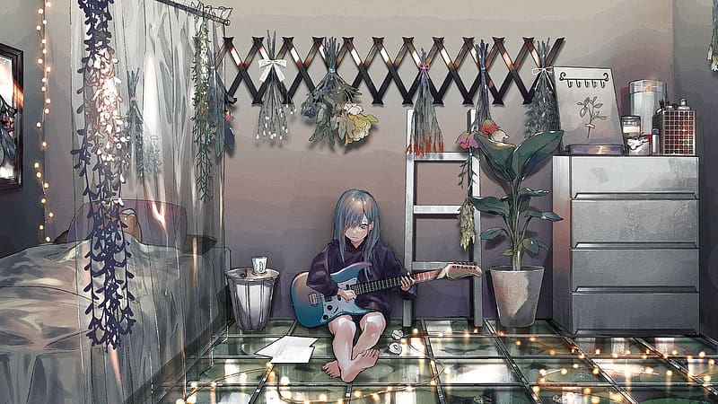 Music, Anime, Flower, Plant, Guitar, Bedroom, Blue Hair, Feet, HD wallpaper