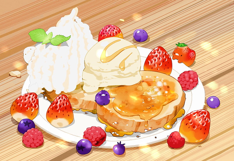 anime food, dessert, ice cream, strawberry, cake, Anime, HD wallpaper