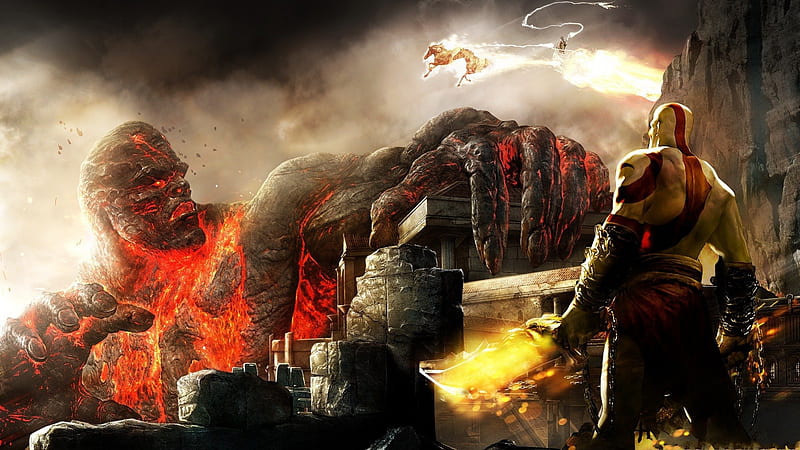 God of War, weapons, fire, games, flames, chariot, video games, kratos, HD wallpaper
