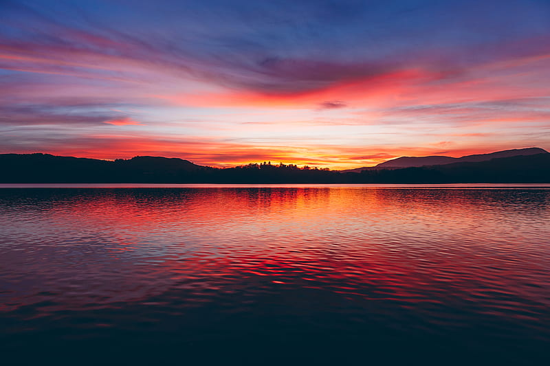 lake, sunset, horizon, sky, trees, twilight, HD wallpaper