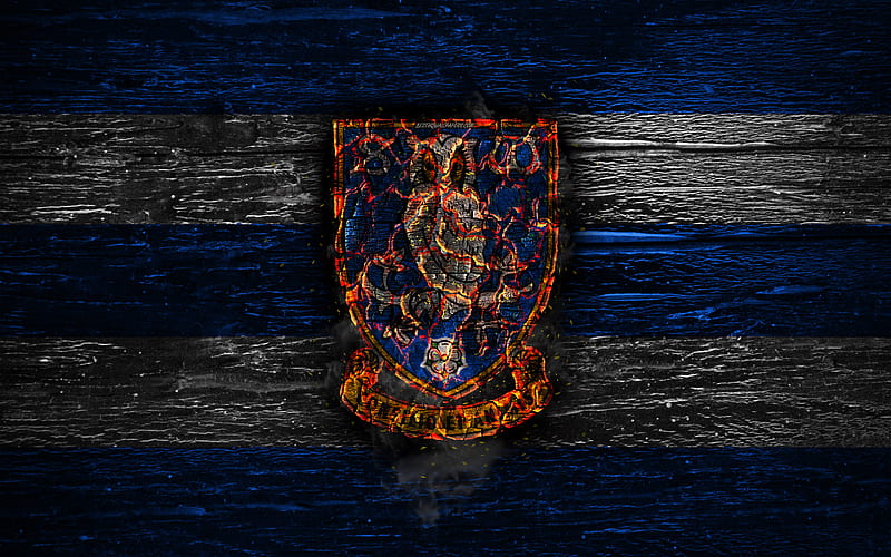 Sheffield Wednesday FC, fire logo, Championship, blue and white lines, english football club, grunge, football, soccer, Sheffield Wednesday logo, wooden texture, England, HD wallpaper