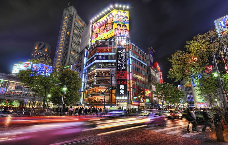 Cities, People, Night, City, Building, Light, Japan, Street, Tokyo, , Time Lapse, Billboards, HD wallpaper