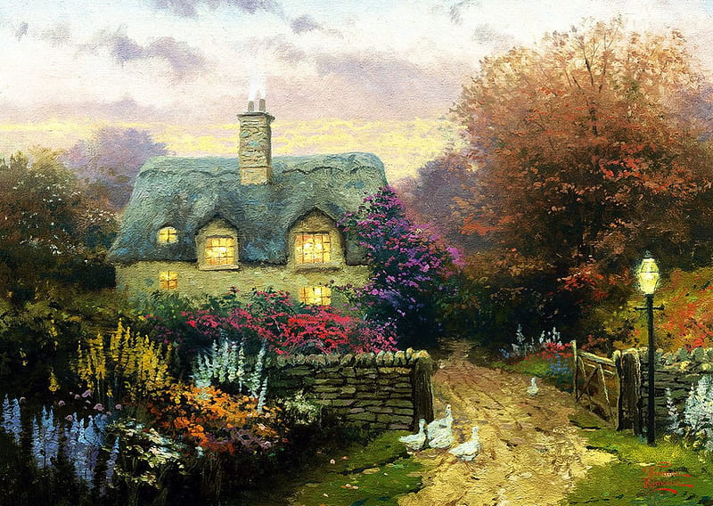 Open Gate, cottage, flowers, path, garden, artwork, landscape, HD wallpaper