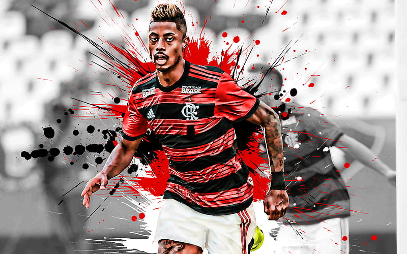 Bruno Henrique Brazilian football player, Flamengo, striker, red-black paint splashes, creative art, Serie A, Brazil, football, grunge, Bruno Henrique Pinto, HD wallpaper