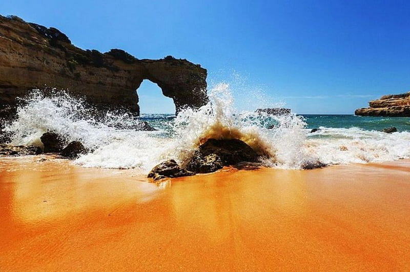 Beachside Arch, rocks, water, cliff, waves, sea, HD wallpaper