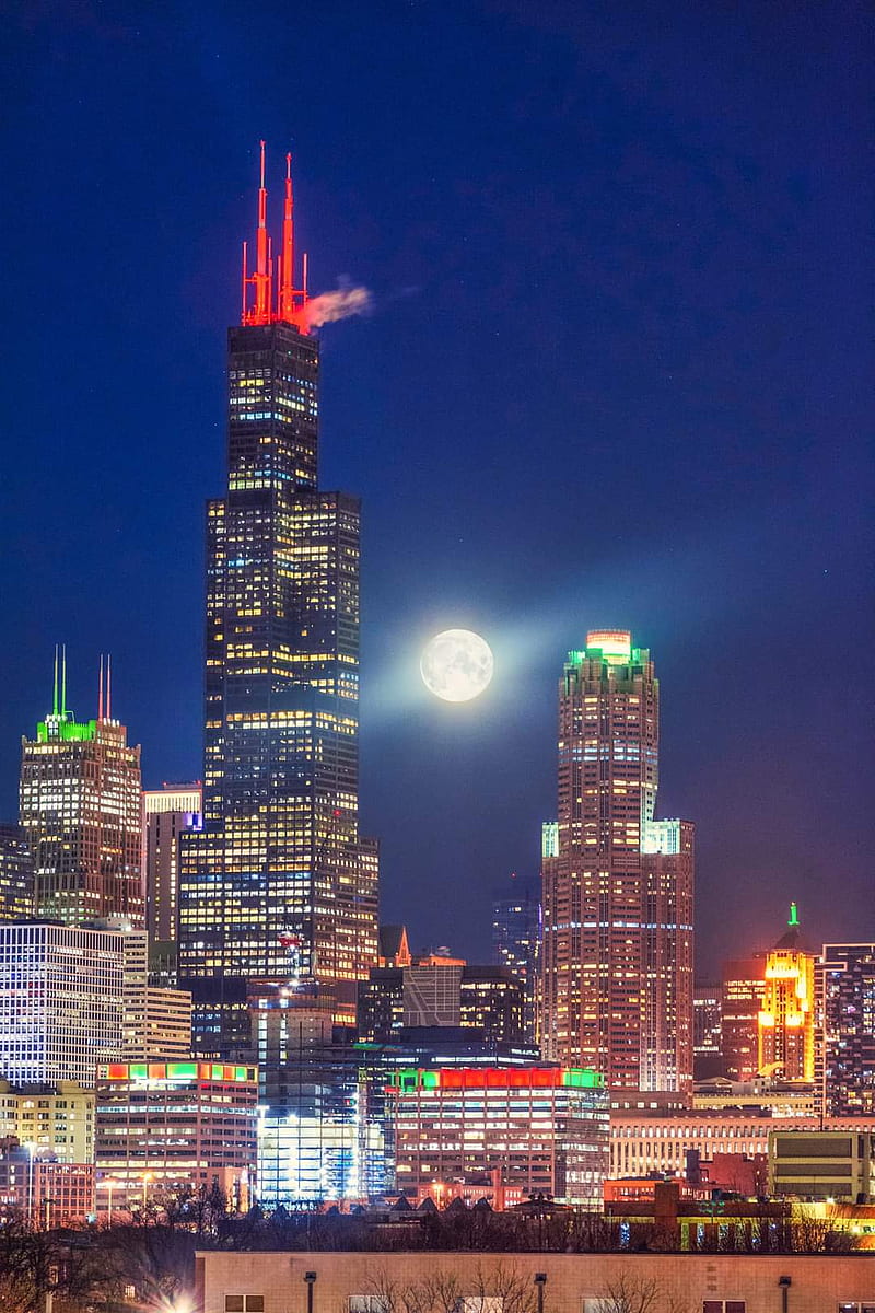 Chicago Christmas , building, city, green, illinois, merry christmas, night, red, HD phone wallpaper
