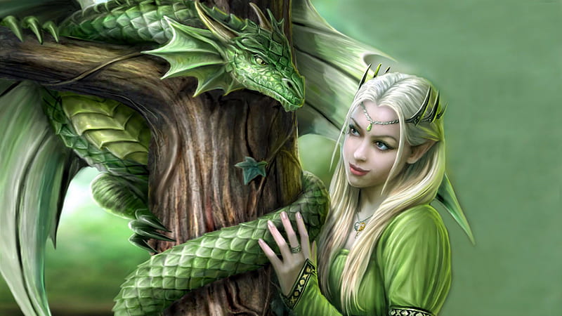 Fantasy Cute Green Dragon Along With A Beautiful Girl Dreamy, HD wallpaper