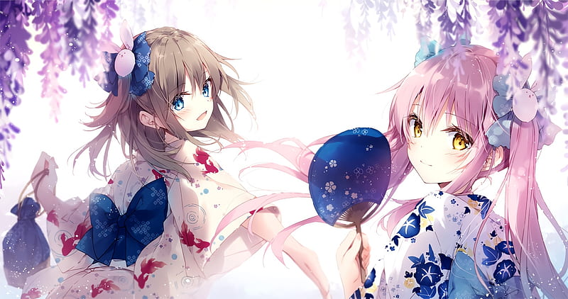 anime girls, yukata, pink hair, cherry blossom, smiling, Anime, HD wallpaper