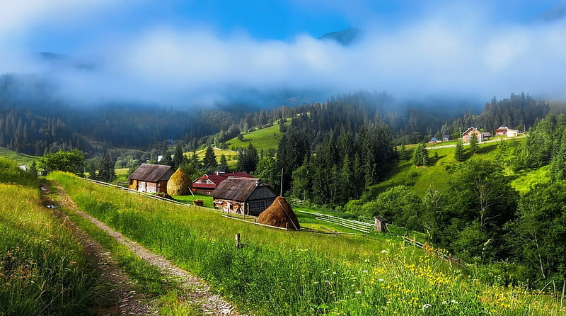 Mountain village in spring, hills, rural, grass, greenery, bonito, spring, clouds, valley, mountain, slope, peaceful, village, landscape, HD wallpaper