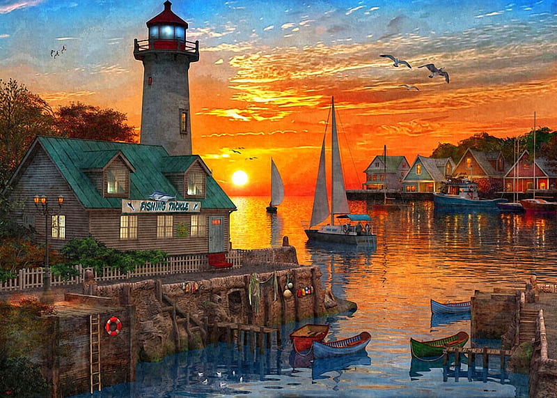 Setting Sail, houses, sunset, clouds, sailboat, sky, harbor, lighthouse, artwork, boats, painting, HD wallpaper