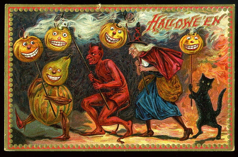 Happy Halloween!, witch, retro, demon, halloween, pumpkin, cat, vintage, card, HD wallpaper