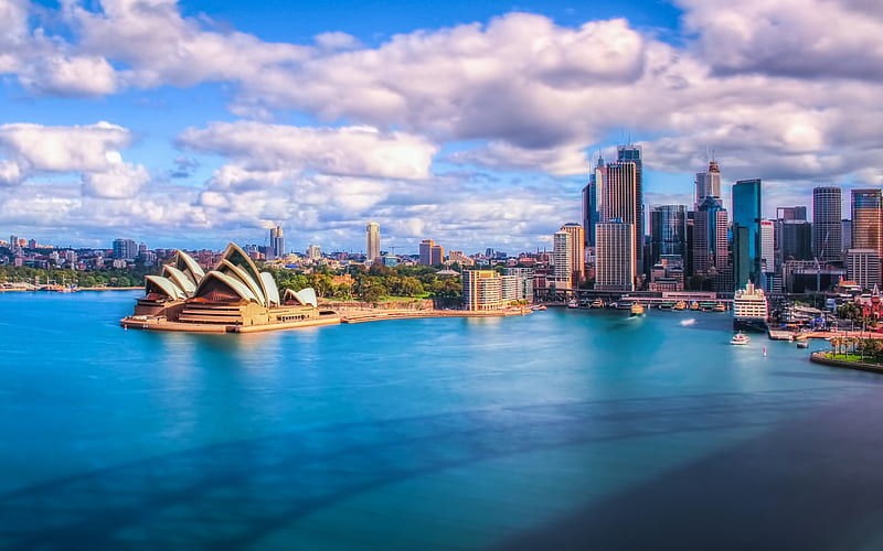 Sydney, cityscape, Sydney Opera House, skyscrapers, view from Harbor Bridge, Port Jackson, Australia, HD wallpaper
