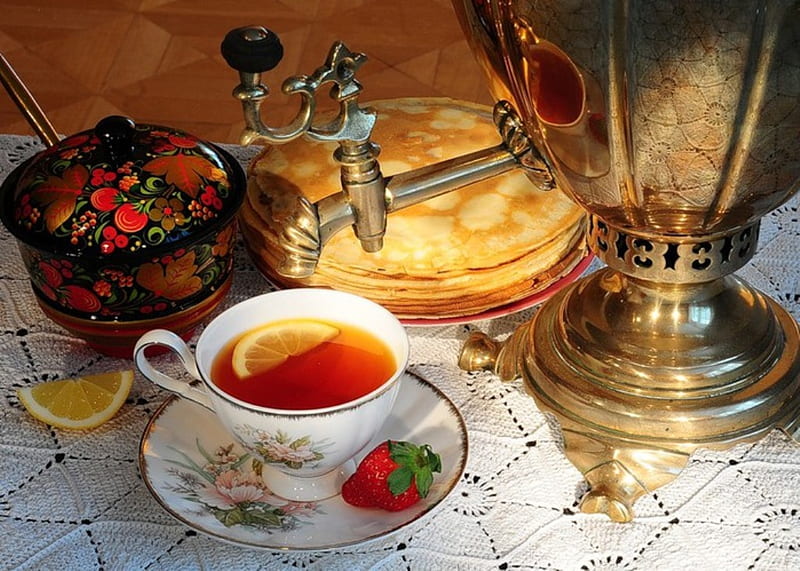 Cup of tea for my dn friends !, samovar, warm, strawberry, tea, lemon, still life, tasty fruit, tea time, cup, flavor, color, HD wallpaper