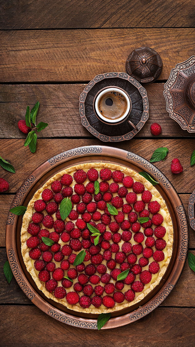 fruit cake, cake, coffee, cup, food, romantic, strawberry, sweet, sweets, table, wood, HD phone wallpaper