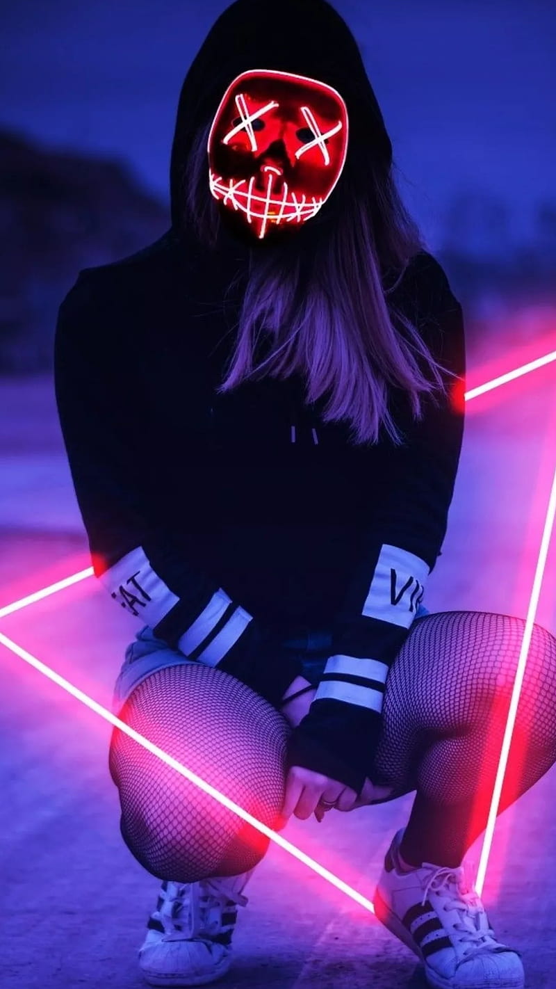 Neon girl, girl, lights, mask, neon, purple, triangle, HD phone wallpaper