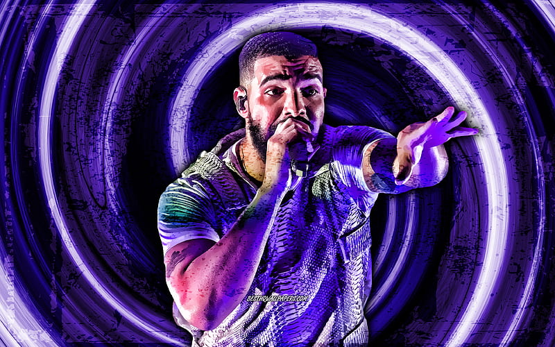 Drake, violet grunge background, american rapper, music stars, Drake with microphone, vortex, Aubrey Drake Graham, creative, Drake, HD wallpaper