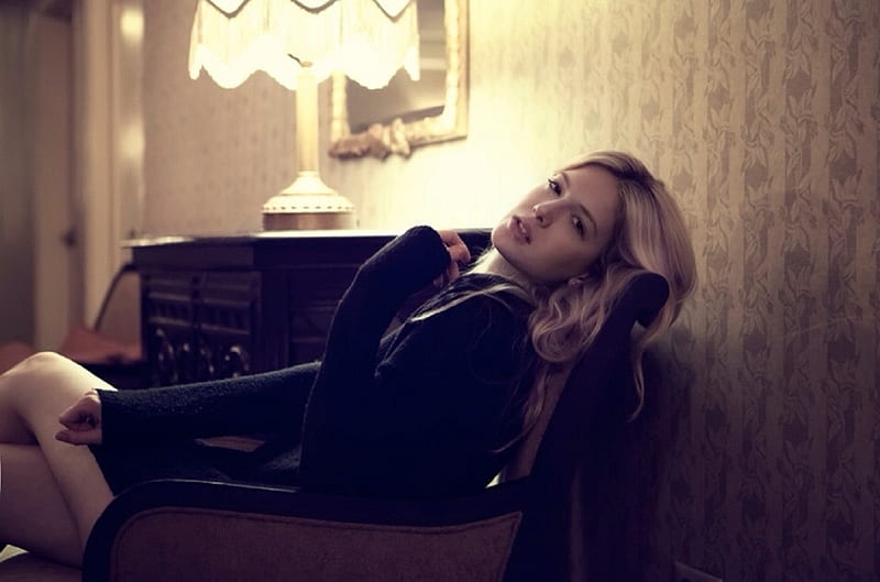 Athena Brensberger, lamp, blonde, long sleeved sweater, legs cossed sitting, chair, sideboard, dark blue, HD wallpaper