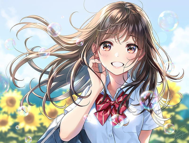 Anime school girl, smiling, sunflowers, brown hair, windy, Anime, HD  wallpaper | Peakpx