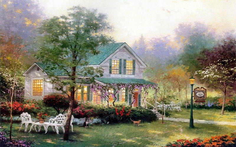 farm house, painting, garden, nature, house, HD wallpaper