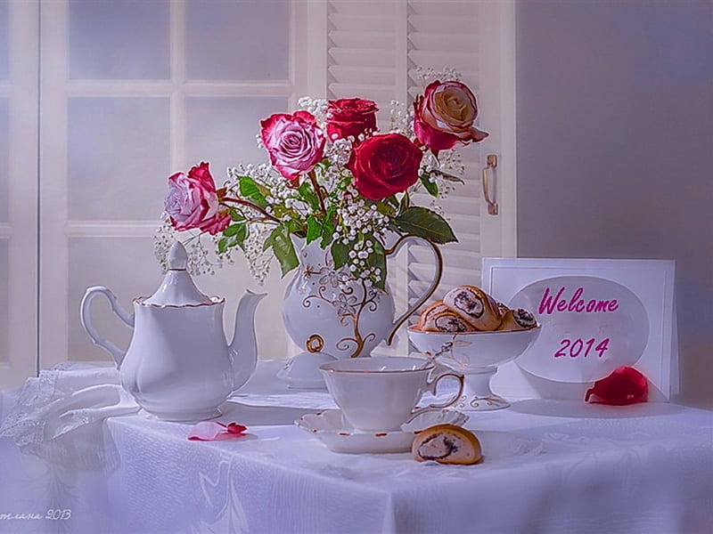 Welcome 2014, red, welcome, year, tea, teapot, still life, graphy, flowers, beauty, pink, porcelain, table, golden, breakfast, roses, abstract, cup, new, white, HD wallpaper