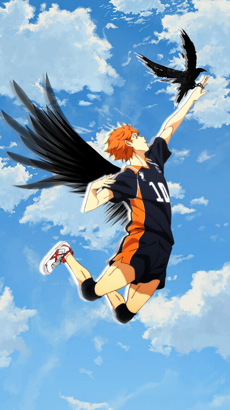 Haikyuu hinata, jumping to spike, position, full body, bird feather around,  bird in background, anime, fanart, non-realistic