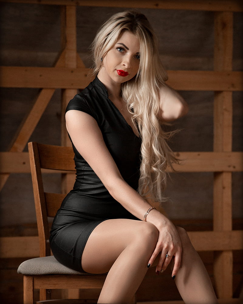 Marco De Santis, , women, model, blonde, black dress, long hair, red lipstick, HD phone wallpaper