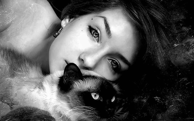Beauty with Cat, kitty, black and white, bonito, cat, woman, graphy, bw ...