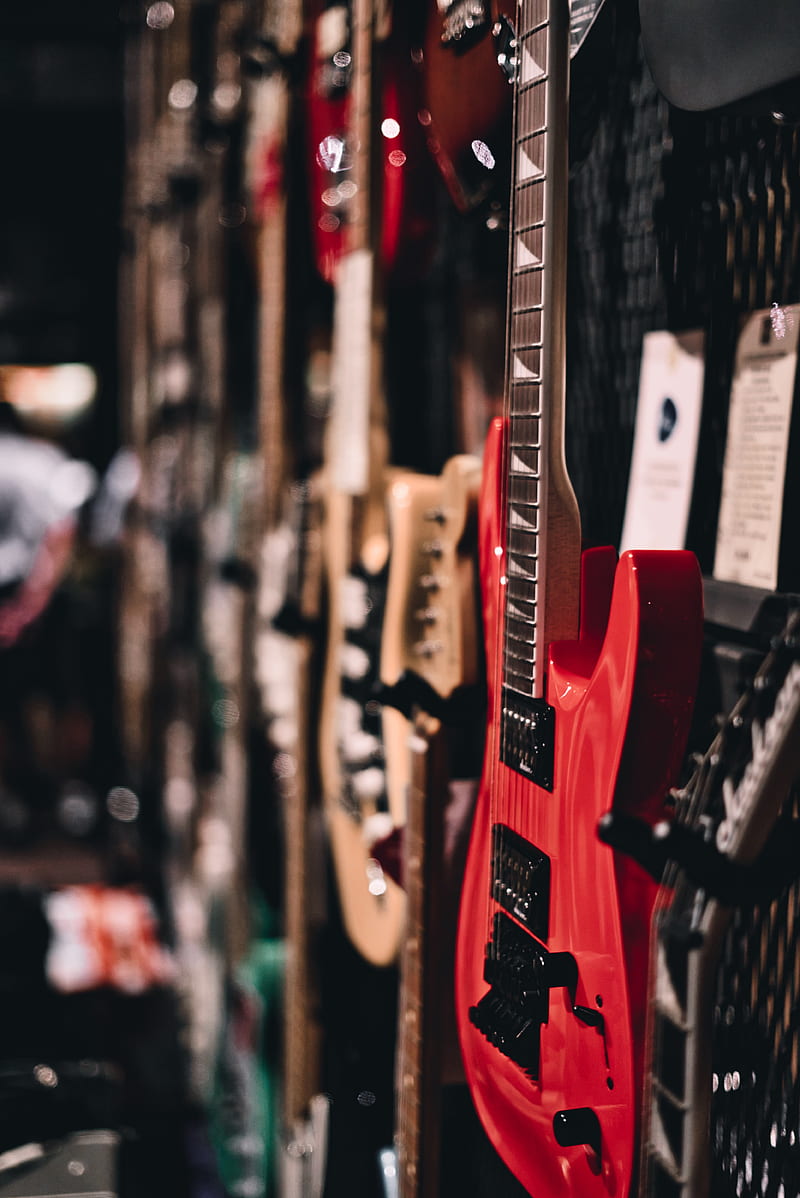 guitar, electronic guitar, musical instrument, red, HD phone wallpaper