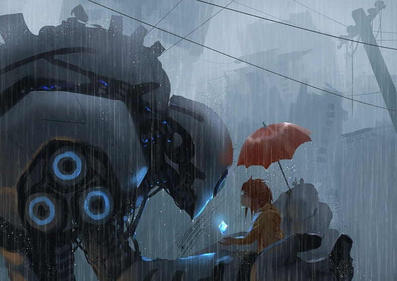 Shelter From The Rain, rain, Red Hair, Redhead, Anime, Robot, Umbrella, Anime Girl, Mecha, Destroyed City, Cityscape, HD wallpaper