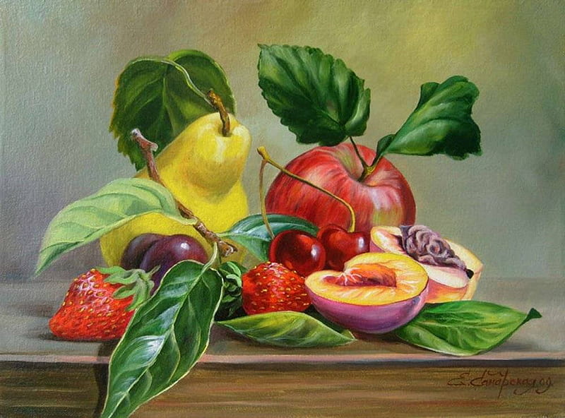 Elena Samarskaya . : Midland still-life. 2009 year., fruit, elena samarskaya, art, pear, strawberry, painting, HD wallpaper