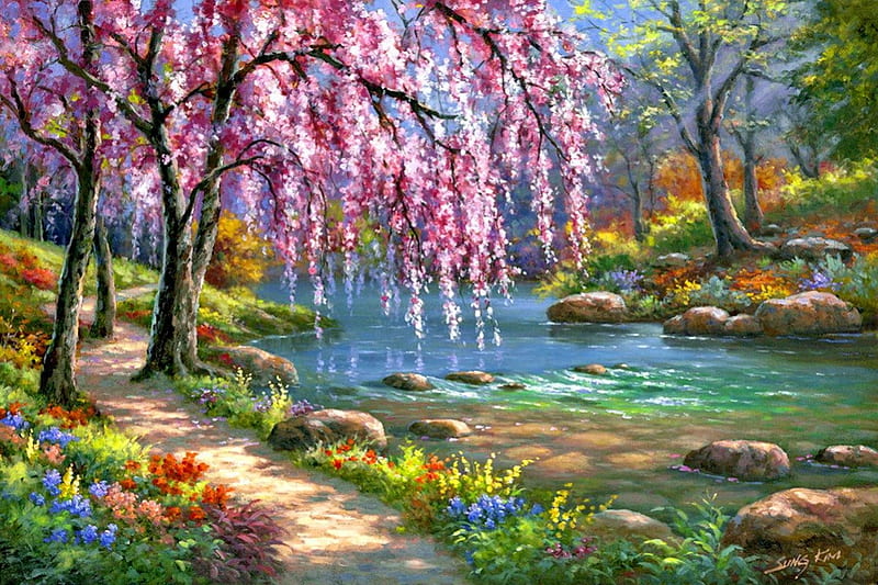 Spring in the forest, stream, pretty, riverbank, shore, flow, bonito, nice, painting, path, flowers, river, reflection, art, forest, quiet, calmness, lovely, silence, scent, spring, creek, trees, freshness, tree, serenity, blossoms, nature, blooming, branches, HD wallpaper