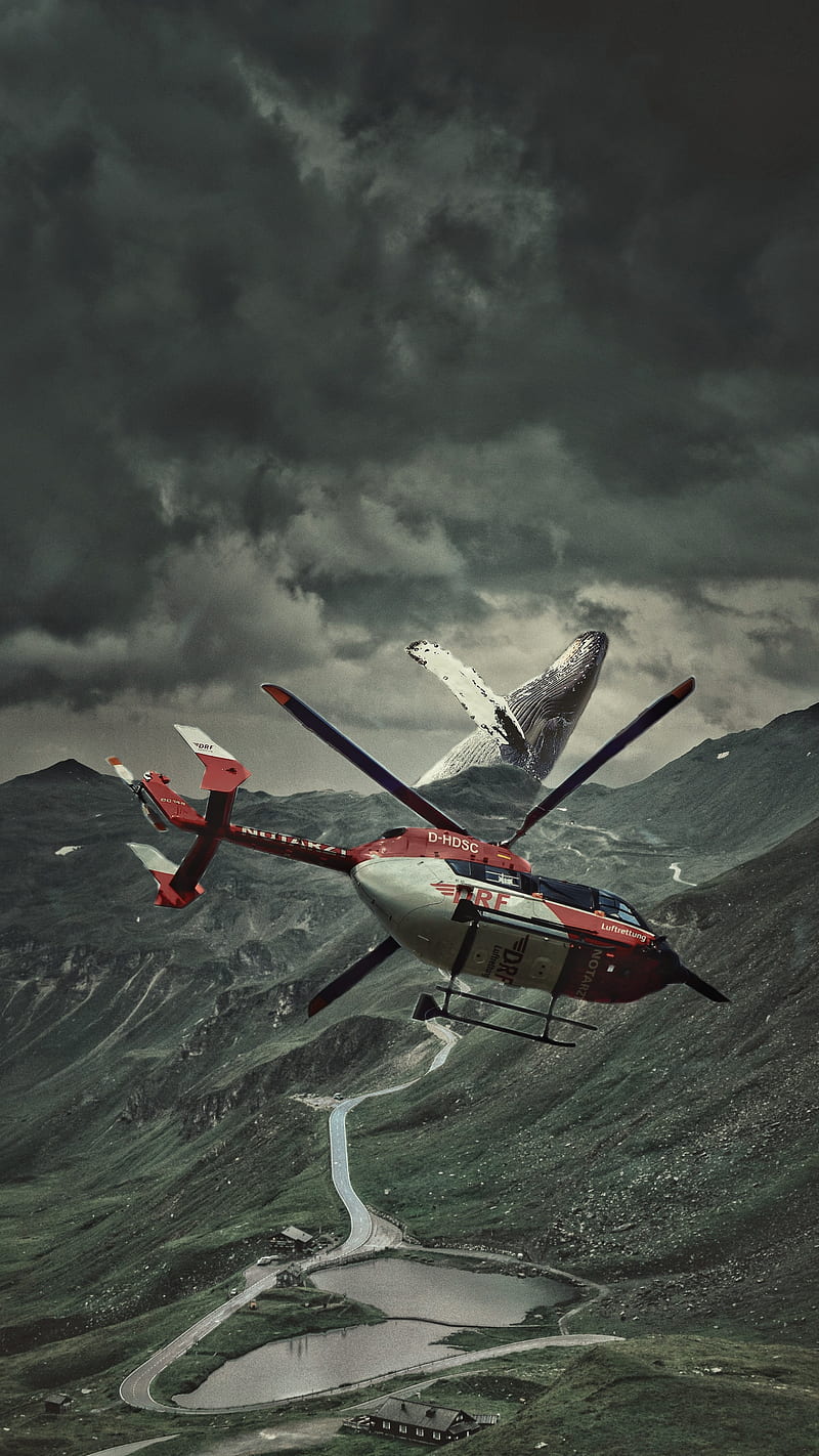 something weird, Surreal, cloudy, flying, helicopter, hills, mountains, nature, pond, river, whale, HD phone wallpaper