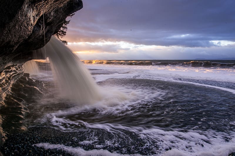 waterfall, coast, sea, foam, water, HD wallpaper
