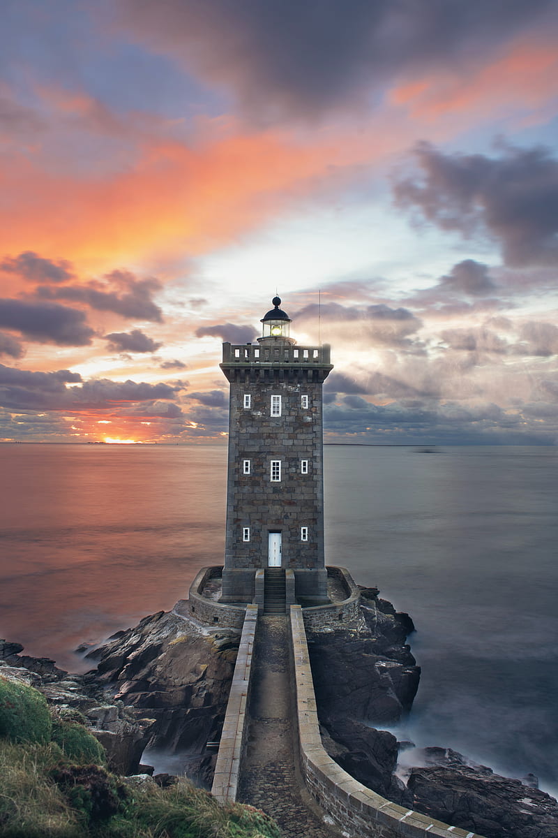 lighthouse, building, sea, shore, sunset, HD phone wallpaper
