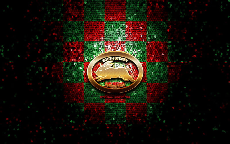 South Sydney Rabbitohs, glitter logo, NRL, red green checkered background, rugby, australian rugby club, South Sydney Rabbitohs logo, mosaic art, National Rugby League for with resolution . High Quality, HD wallpaper