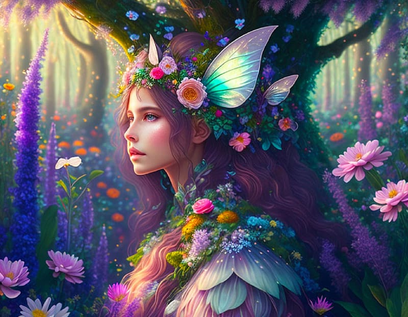 Elven Princess, girl, elf, princess, woman, art, , beautiful, lamamake art, fairy, digital, fantasy, flowers, HD wallpaper