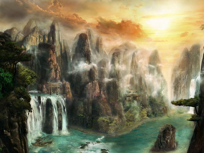 Fantasy world, afternoon, fantasy, foggy, sunset, clouds, max antonov, waterfalls, HD wallpaper