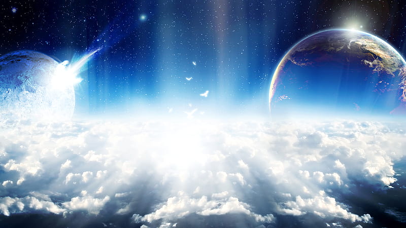 Heavenly, planets, wonderful, stunning, sun, space, bonito, clouds, nice, doves, heaven, light, blue, stars, amazing, horizon, sunlight, birds, sky, abstract, prety, enchanting, bird, universe, planet, dove, nature, blue sky, earth, god, HD wallpaper