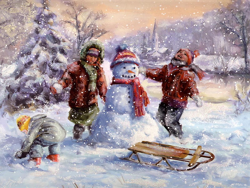 Christmas Never Grows Old, children, snowman, christmas, snow, HD wallpaper
