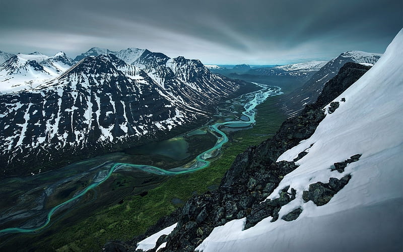 mountain river, mountain valley, mountain landscape, evening, blue river, Sweden, HD wallpaper