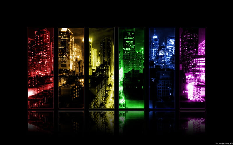 CITYSCAPE MULTI-COLOR PANORAMIC PANEL, city, graphy, panoramic, rainbow, lights, HD wallpaper