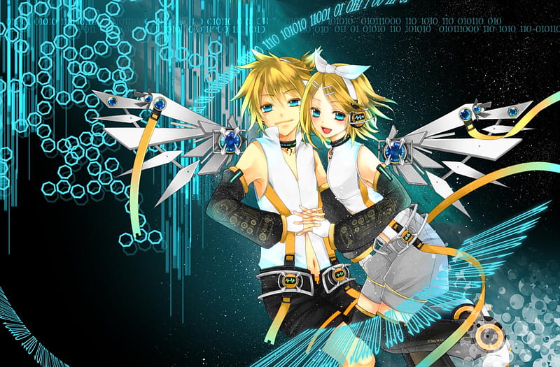Kagamine Rin & Len Append, pretty, brother, angeloid, yellow, nice, anime, aqua, beauty, anime girl, kagamine len, twins, wings, black, singer, aqua eyes, rin append, cute, cool, awesome, sister, white, idol, len, bonito, teal, anime boy, thighhighs, len append, program, yellow hair, kagamine, blue, kagamine rin, angel, music, diva, yellow eyes, kagamine twins, mechanical, song, girl, rin, virtual, append, HD wallpaper