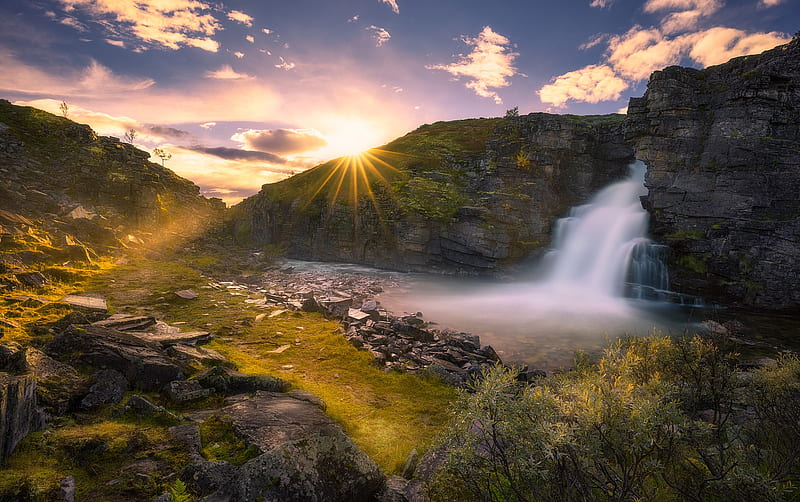 Beautiful Waterfall And Sunrise, waterfall, sunrise, nature, HD wallpaper