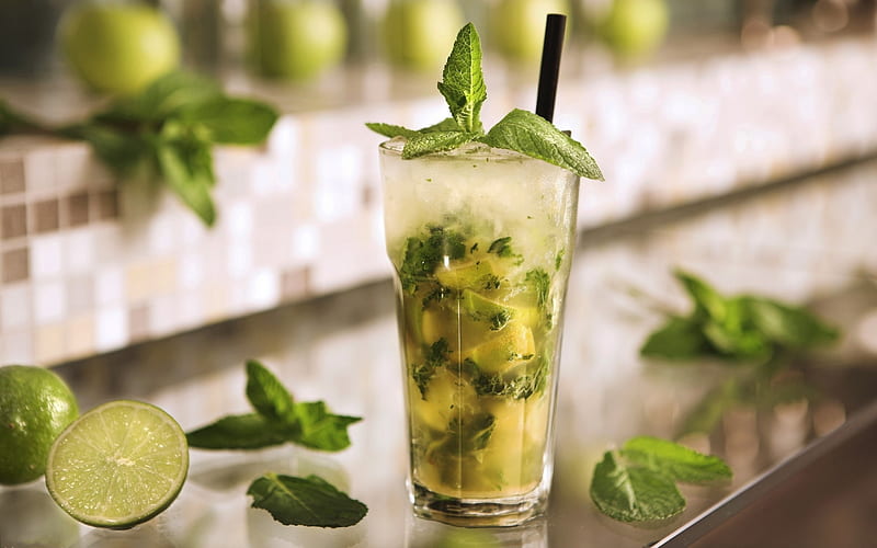 Cocktail, Lime, Ice, Glass, Mojito, Mint, HD wallpaper