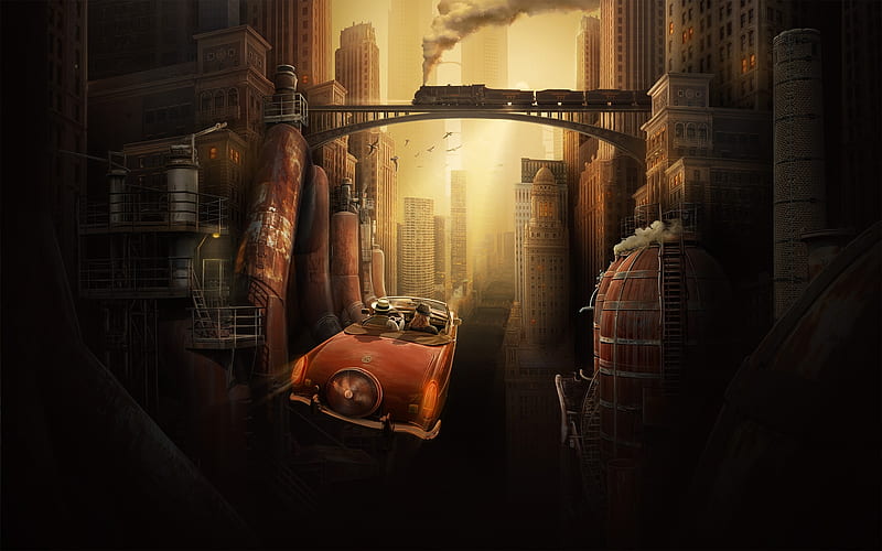 Steampunk City, art, train, future, bridge, buildings, houses, car, street, HD wallpaper
