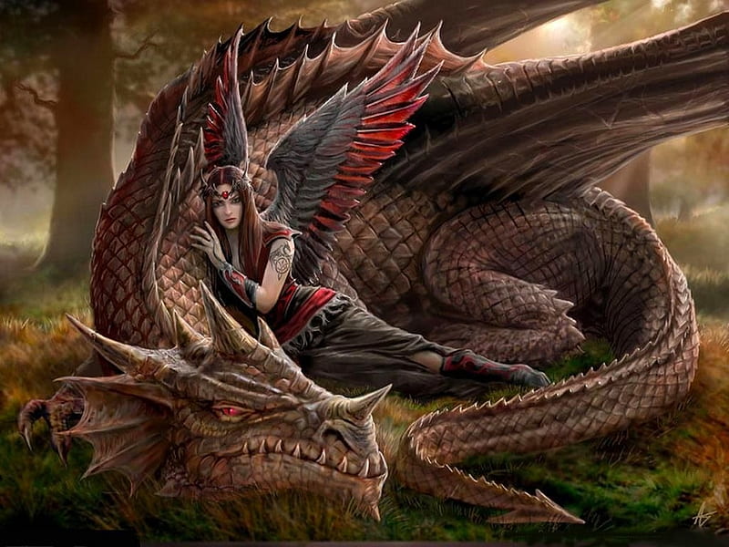 Angel and dragon, art, red, fantasy, anne stokes, wings, girl, brown, angel, luminos, HD wallpaper