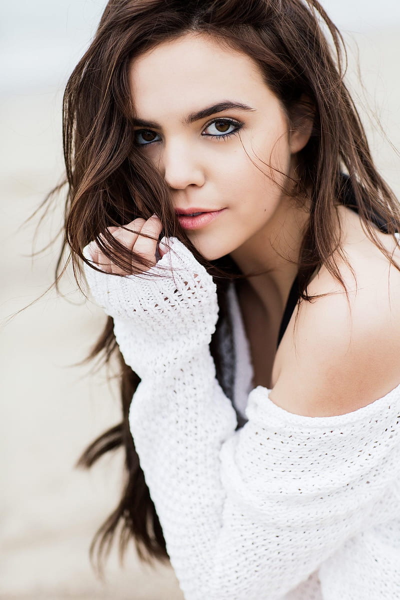 Bailee Madison, actress, brunette, long hair, simple background, white background, brown eyes, sweater, white sweater, makeup, touching hair, HD phone wallpaper