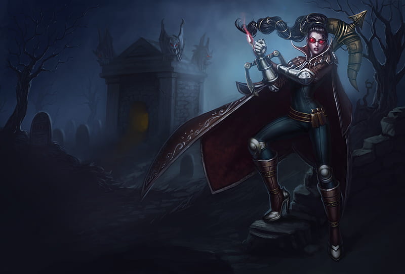 Vayne, games, female, glasses, video games, bow, dark background, league of legends, weapons, cape, gravestones, lone, night, HD wallpaper