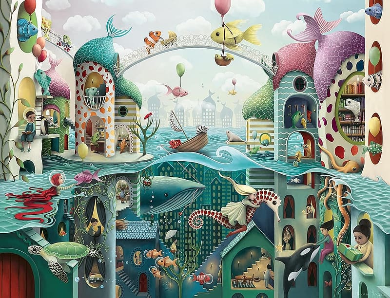fantasy if fish could talk, fish, puzzle, fantasy, takk, abstract, HD wallpaper